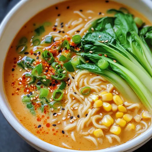 Soup in a bowl with noodles, corn and green onions on top.