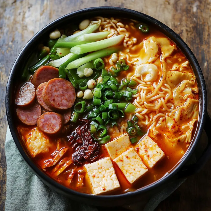 A bowl of soup with noodles, tofu, and vegetables.