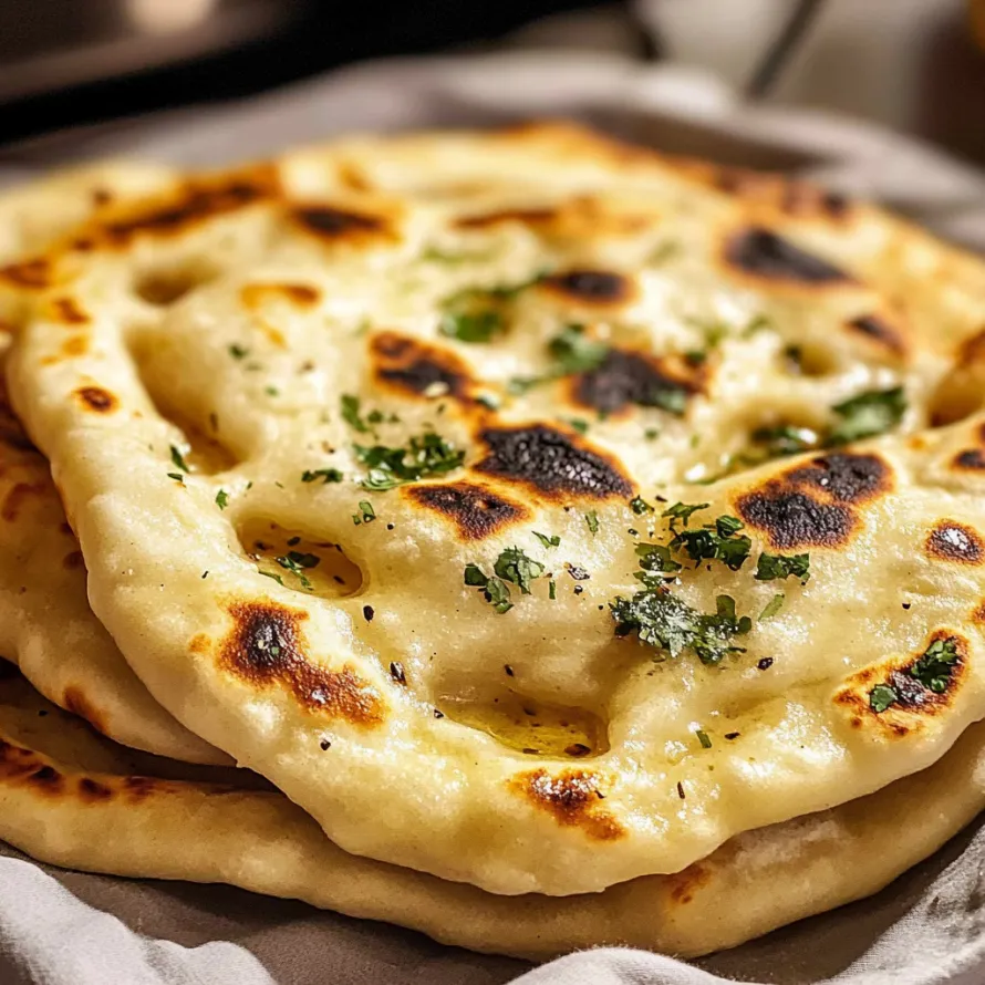 Stacked flatbreads topped with fresh herbs.