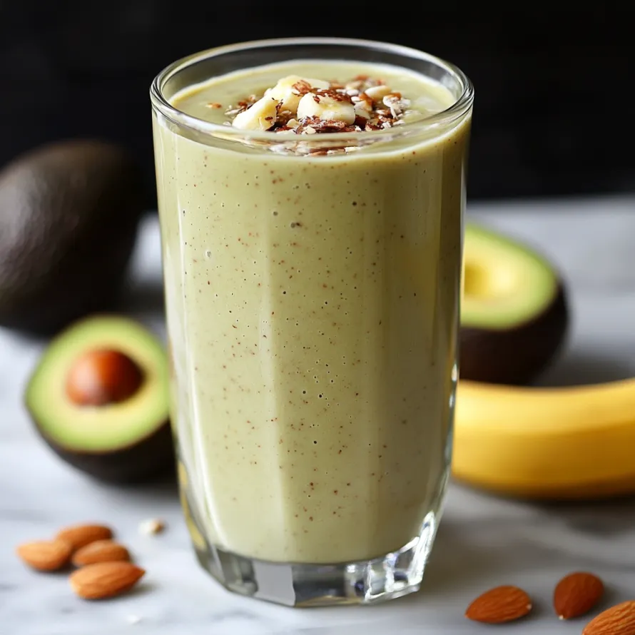 Green smoothie in a glass with banana and avocado beside it.