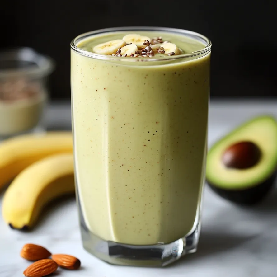 Green smoothie in a glass with banana slices and almonds around.