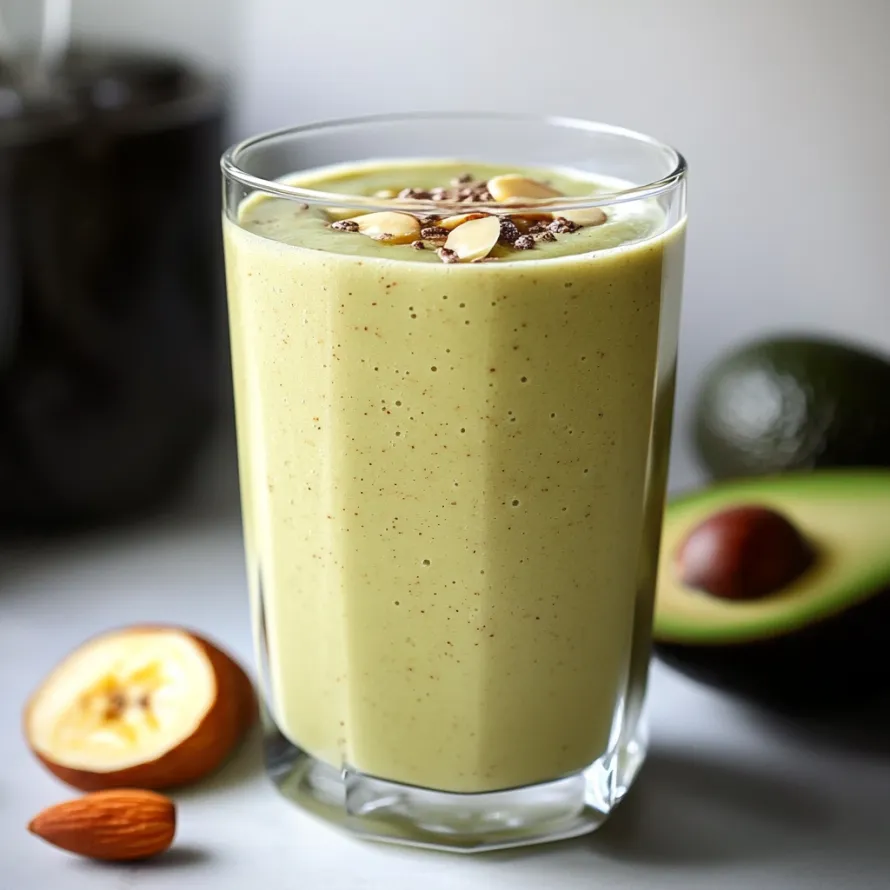 Green smoothie with almonds and avocado in a glass.