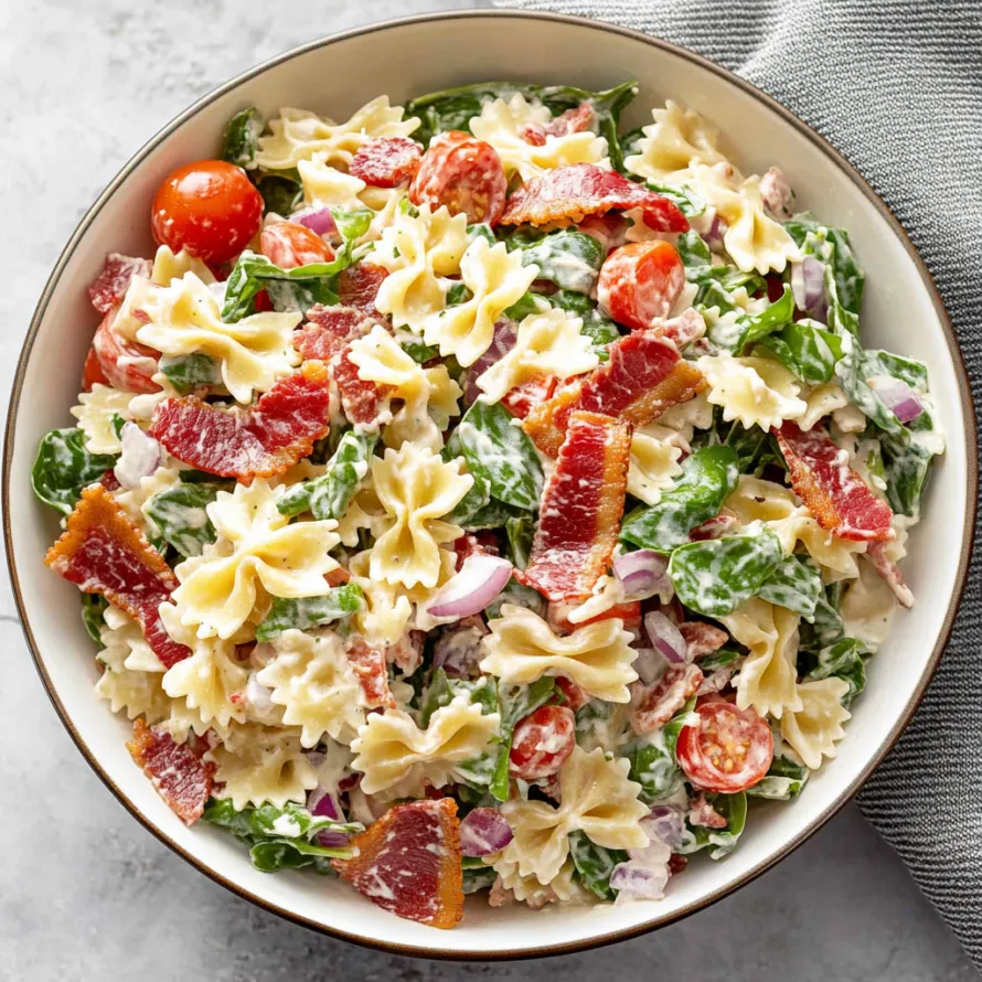 A bowl packed with pasta salad, bacon, and juicy tomatoes.
