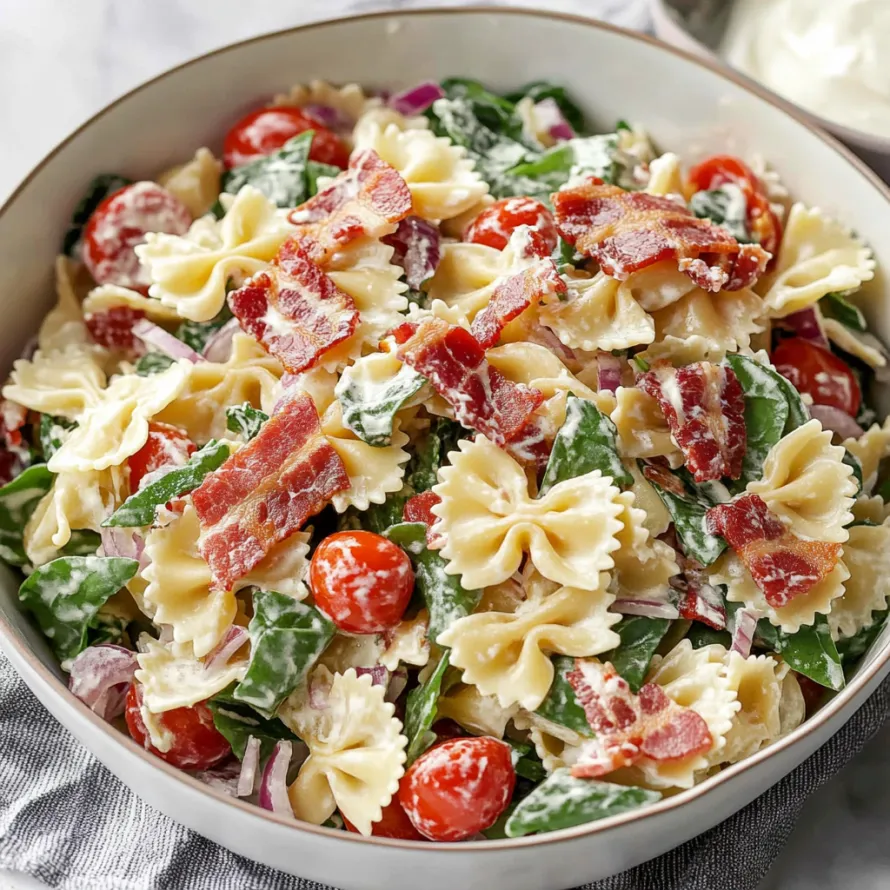 A bowl packed with pasta, tomatoes, spinach, and bacon goodness.