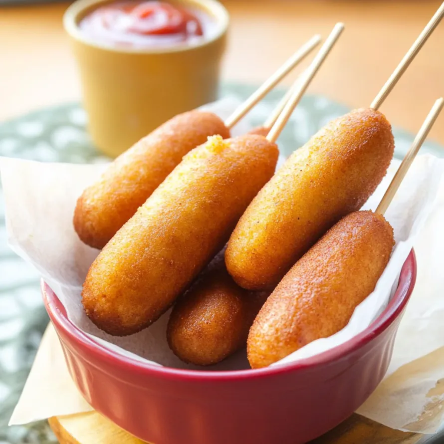 A bowl of corn dogs with a ketchup dipping sauce.