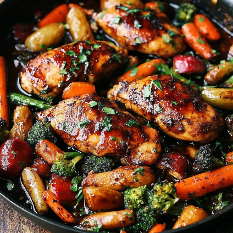 Chicken and veggies piled up on a hot pan.