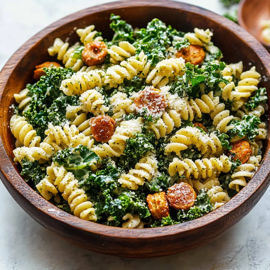 A bowl filled with spiral pasta, greens, and melty cheese.