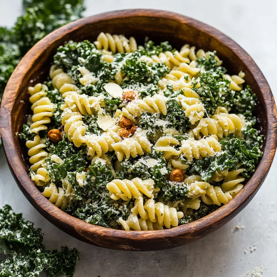 A bowl of pasta with spinach and almonds.