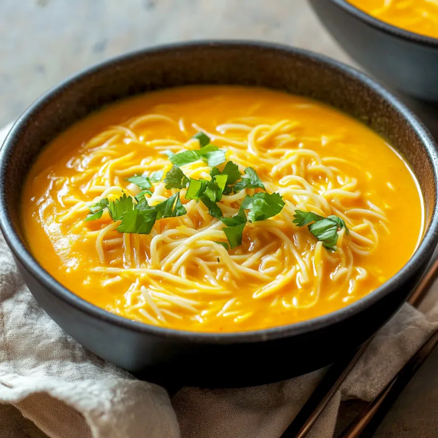 Soup with noodles and fresh herbs in a bowl.