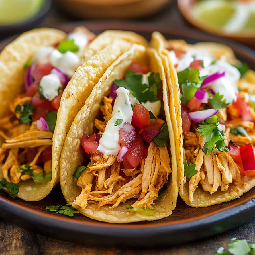 Tacos piled high with white sauce on a plate.