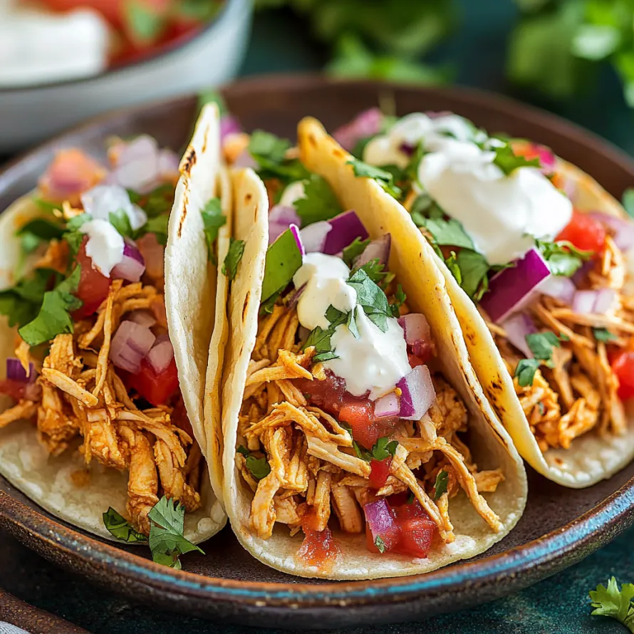 Two tacos with chicken and tomatoes.