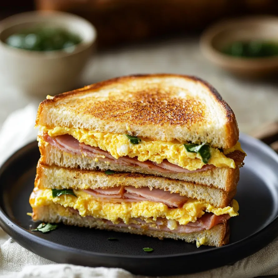 A sandwich with egg, ham, and cheese on a plate.