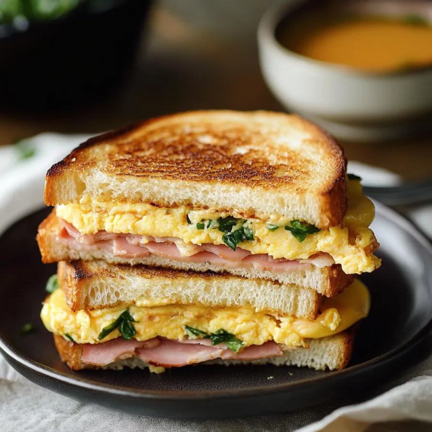 A sandwich with egg and spinach on a plate.