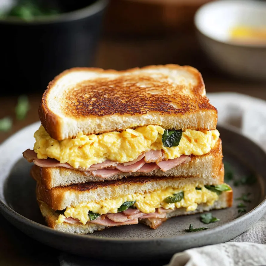 A sandwich with eggs and bacon on a plate.