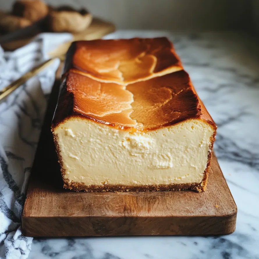A slice of cheesecake on a wooden cutting board.