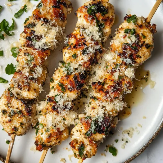 A plate with cheesy chicken skewers and fresh herbs.