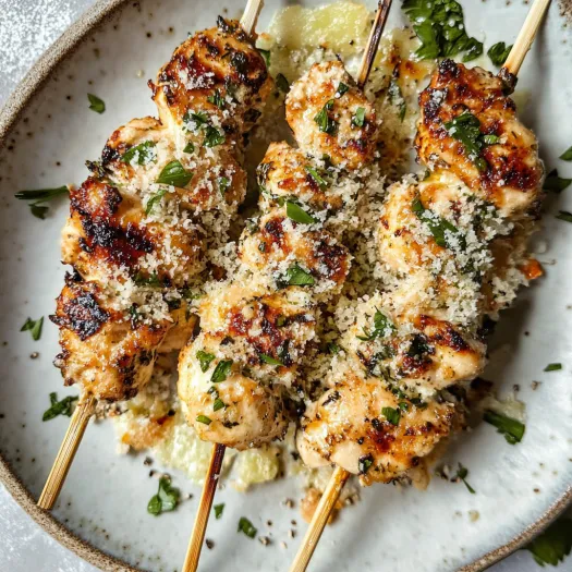 A plate of chicken skewers with cheese and herbs.
