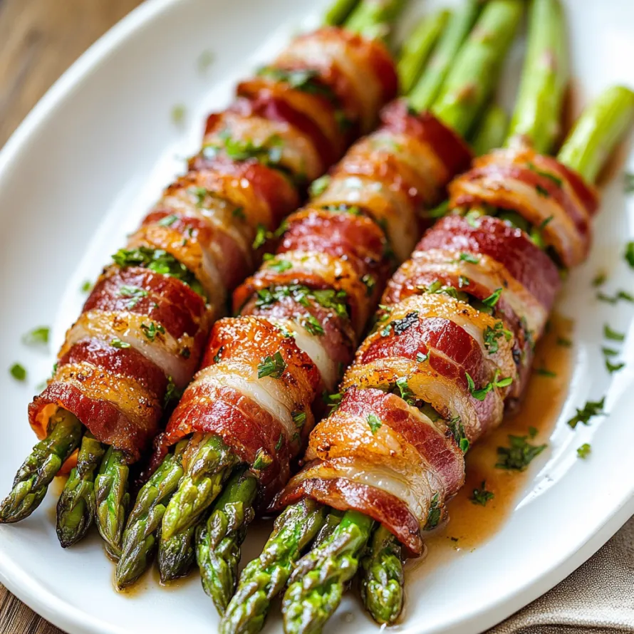 Bacon wrapped asparagus on a plate, ready to eat.