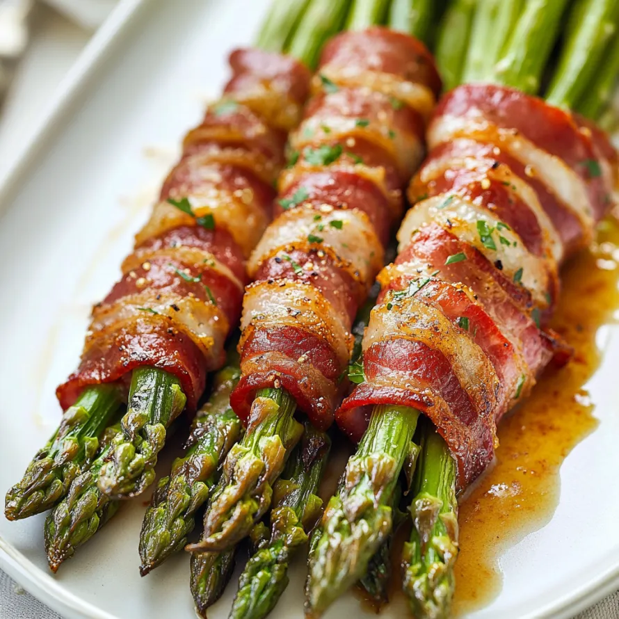 Plated asparagus bundles wrapped in bacon.