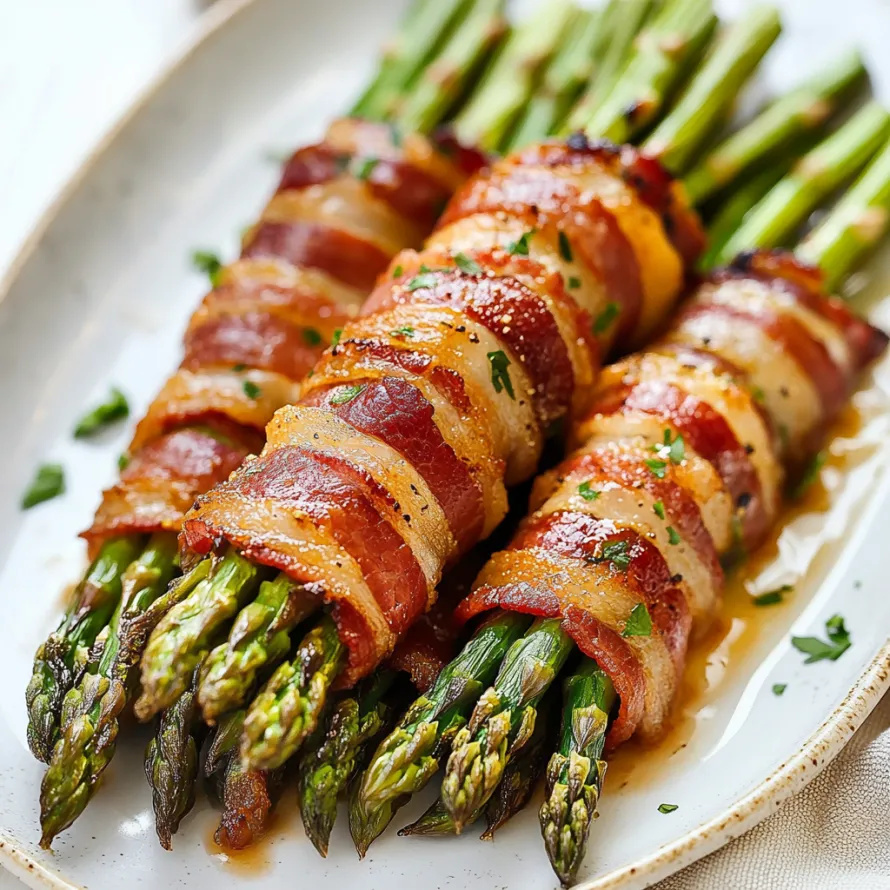 Crispy bacon and asparagus arranged on a plate.