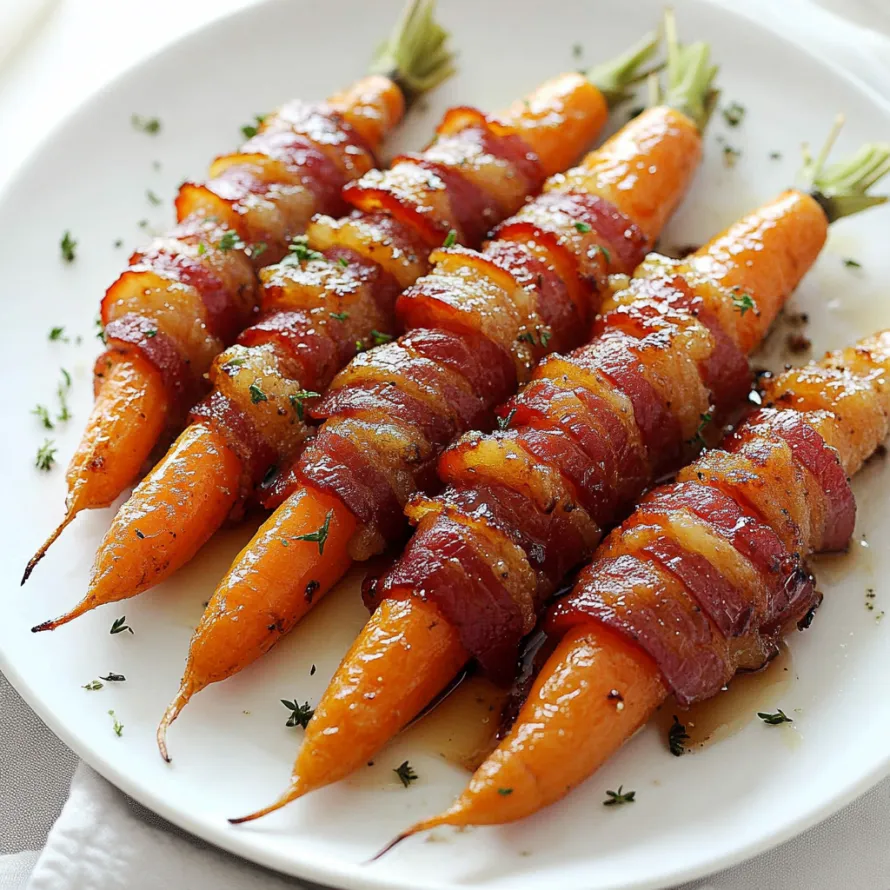 Carrots with bacon strips on a plate.