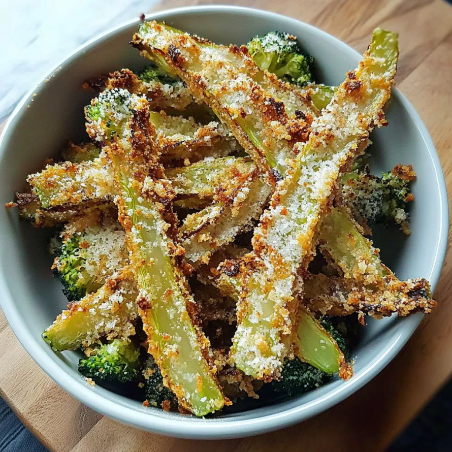 Broccoli sticks topped with cheese in a bowl.