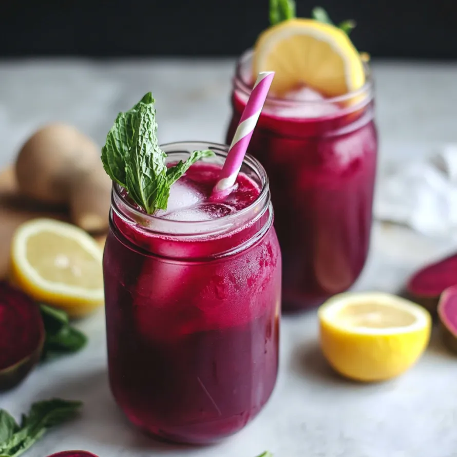 Two glasses filled with dark red lemonade and lemon wheels.