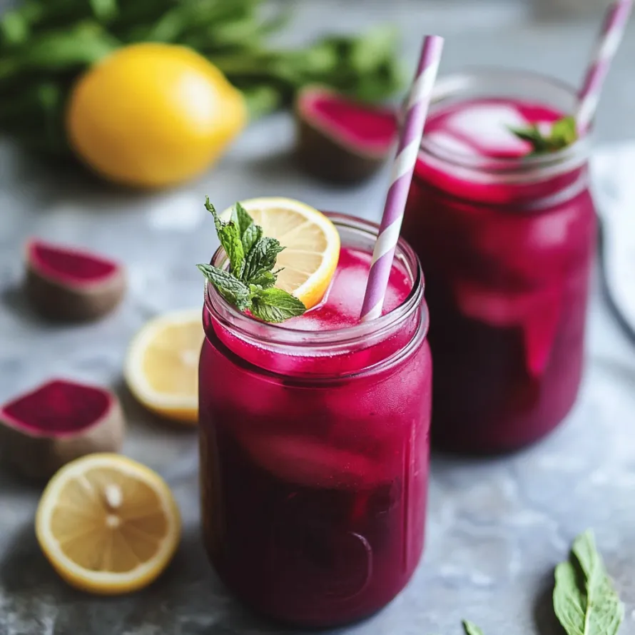 Dark red lemonade with lemon slices in two glasses.