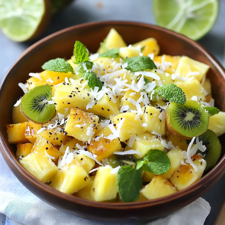 Bowl packed with colorful fruit, coconut, and green mint leaves.