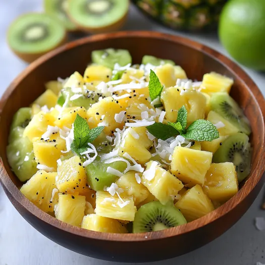 A bowl of fruit with pineapple, kiwi, and lime.
