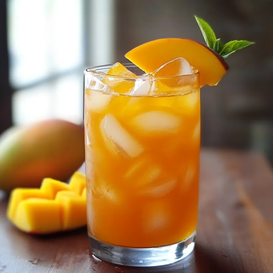 Orange-hued iced tea in a glass with pineapple garnish.