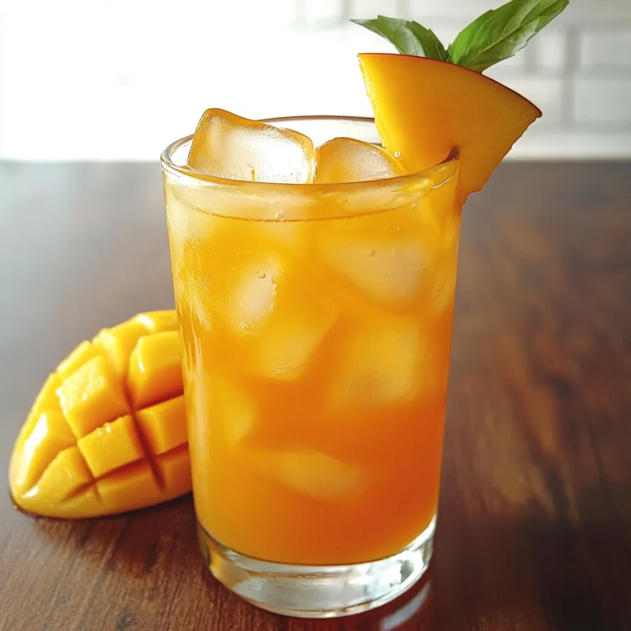 A glass filled with orange-colored juice and a mango slice perched on the rim.