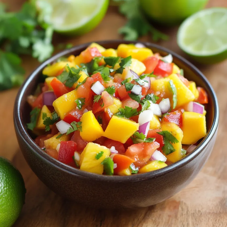 A bowl loaded with colorful fruit, tomatoes, and lime wedges.