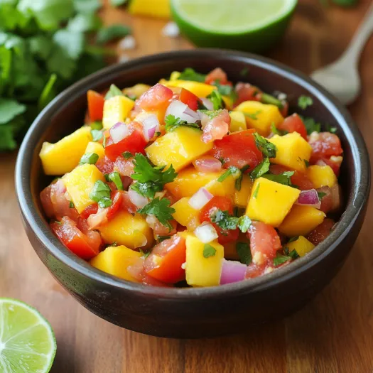 Bowl full of chopped mango, tomato, and lime with onion.