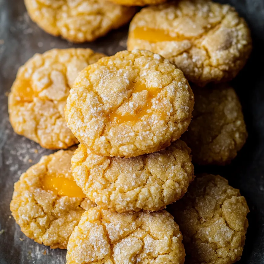 A stack of cookies with a yellow filling.