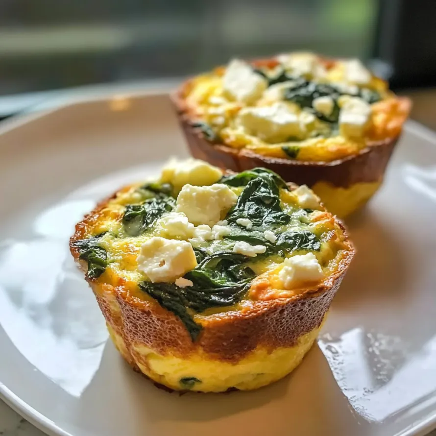 Two mini cakes topped with spinach.