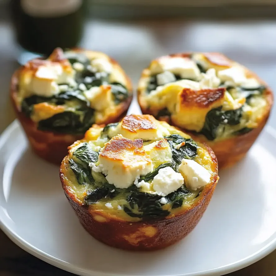 Three muffins topped with spinach and cheese on display.