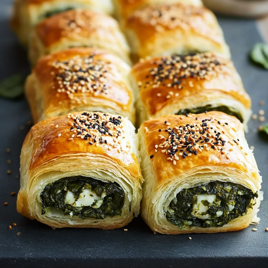 A baking tray of flaky pastries topped with black seeds.
