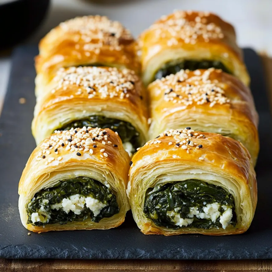 Baked pastries topped with something green on a tray.
