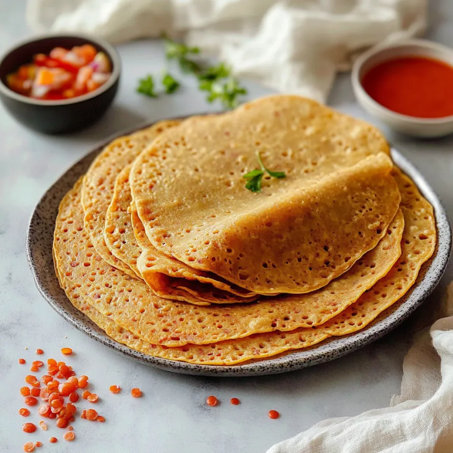 Plate with stacked tortillas next to salsa in a small bowl.