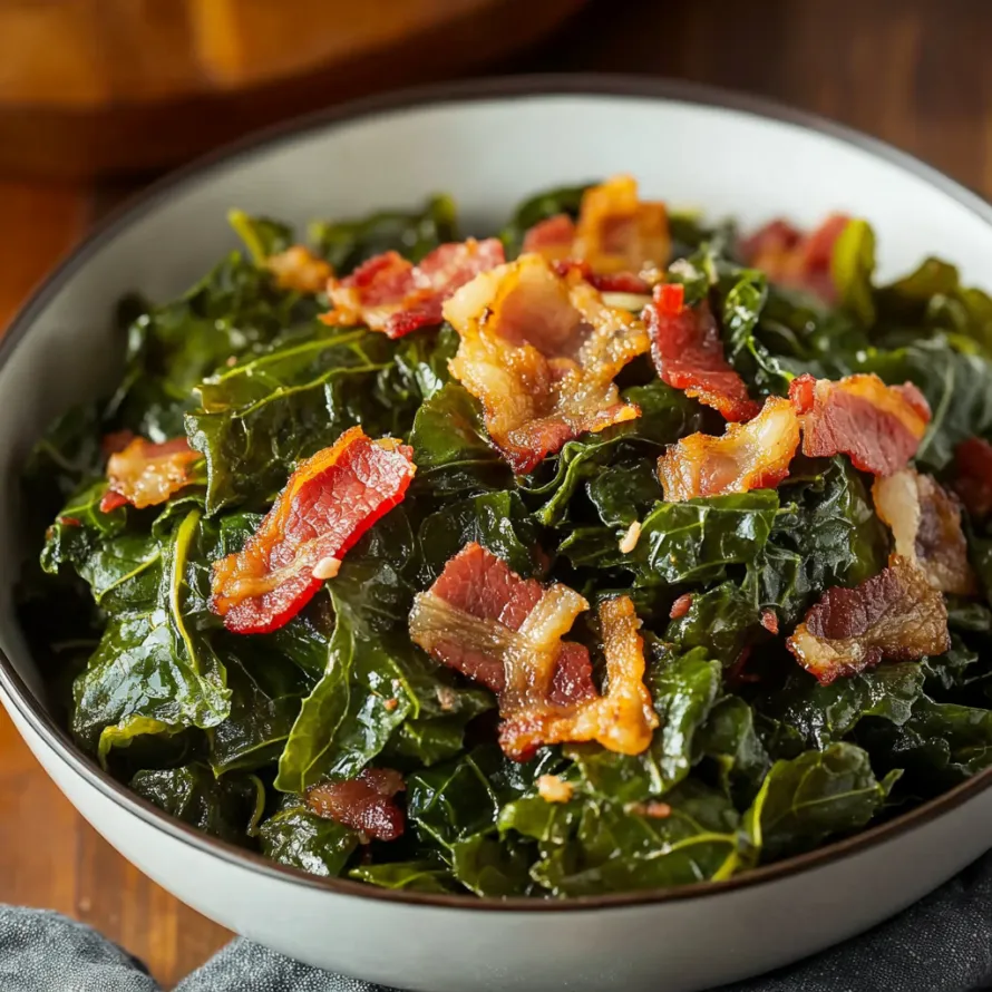 Bowl filled with greens and bacon.