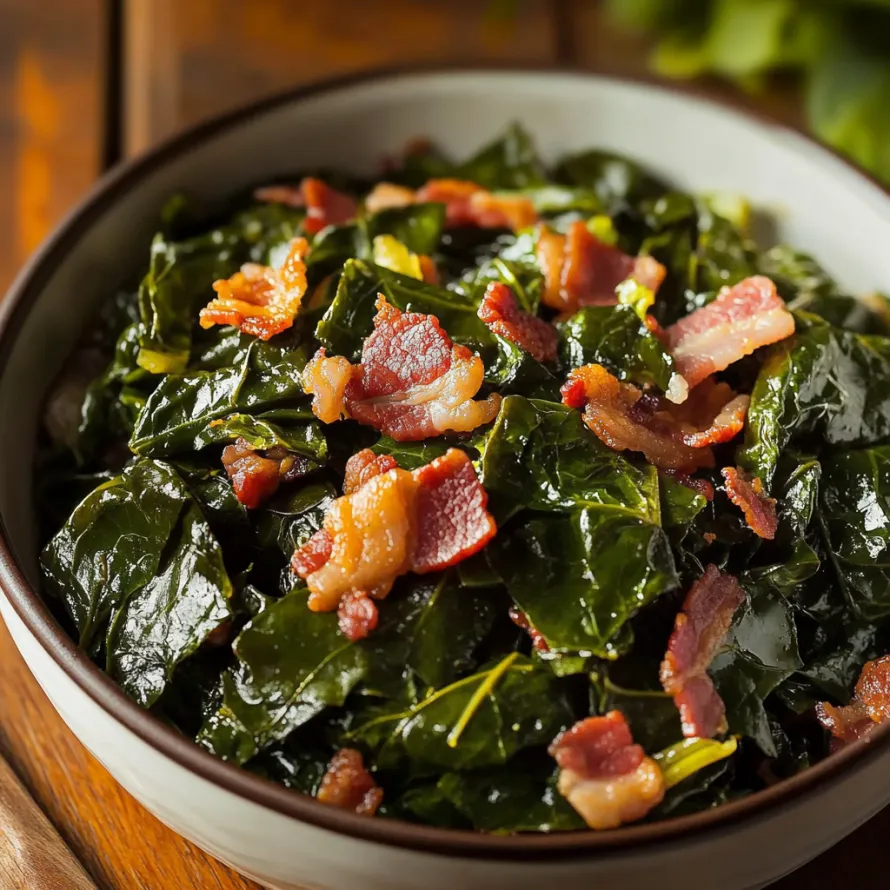 A bowl of bacon and greens.