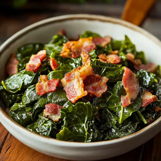 A bowl of bacon and greens.