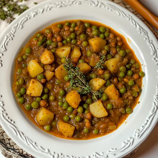 Soup with peas and potato in a bowl.