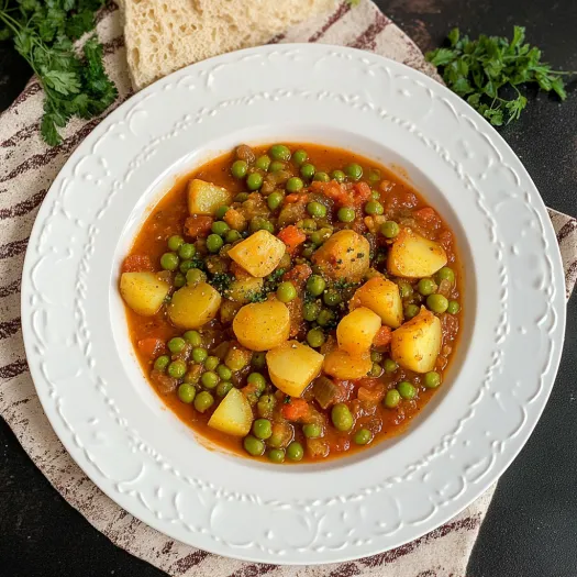 A bowl of soup with peas and potatoes.