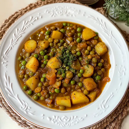A bowl of soup with peas and potatoes.