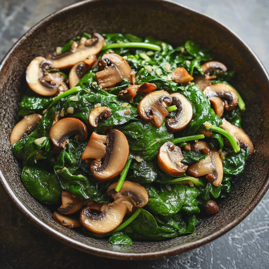 A bowl filled with mushrooms and spinach greens.