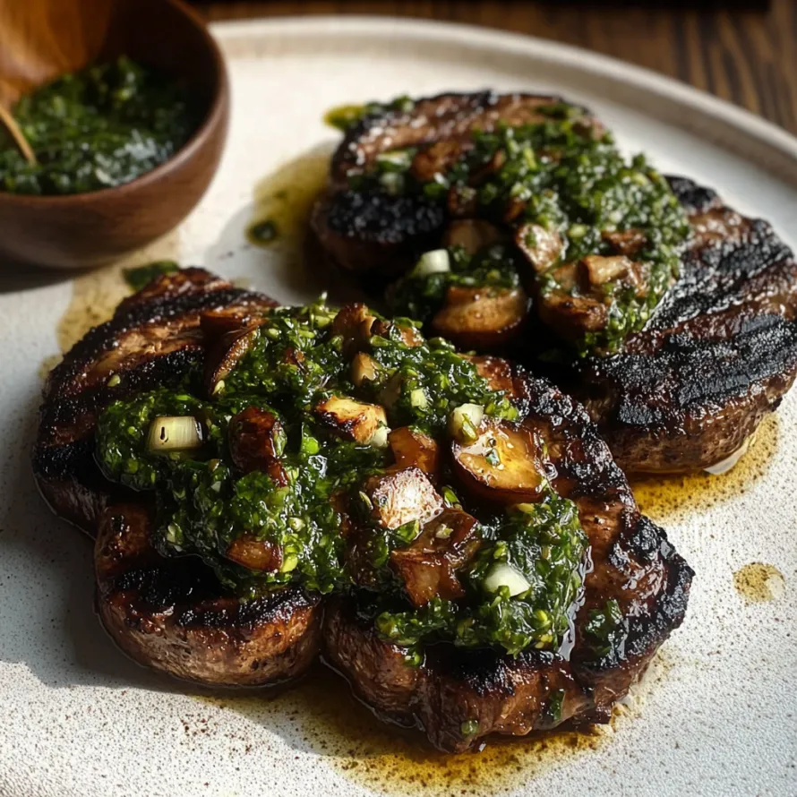 A dish of mushroom steaks covered in sauce.