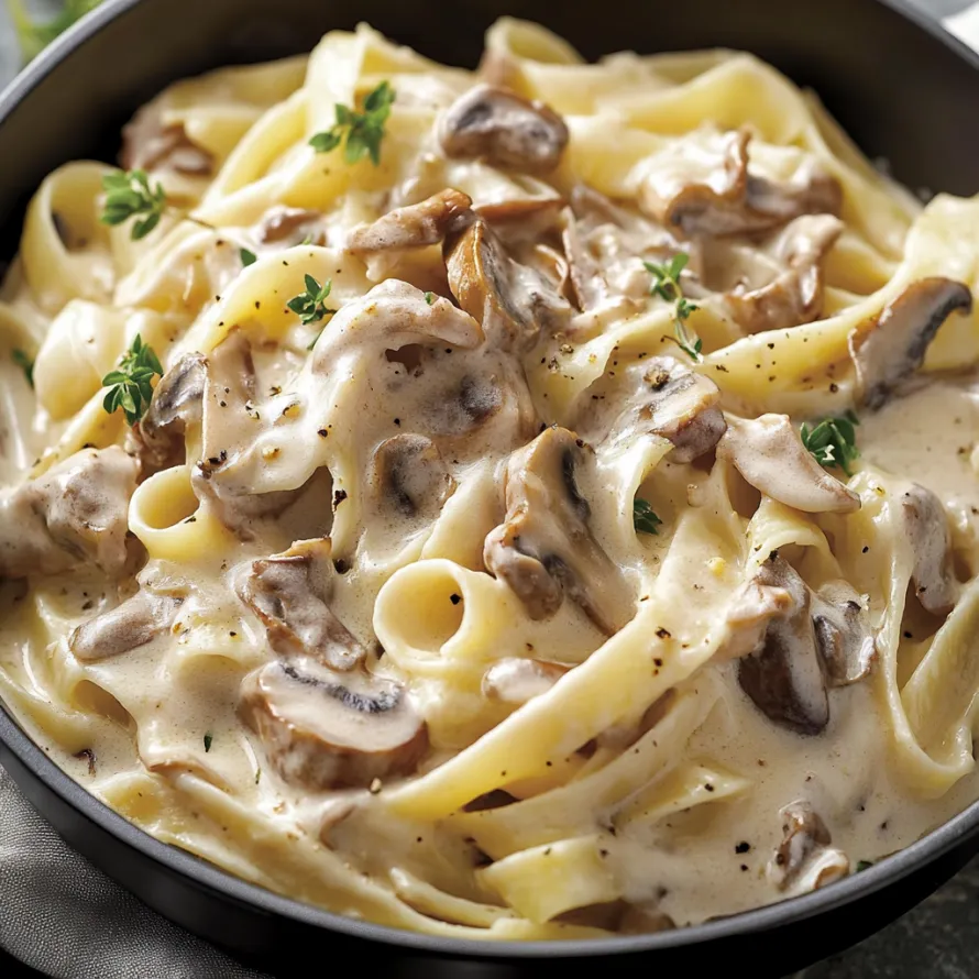 A bowl of pasta with mushrooms and cheese.
