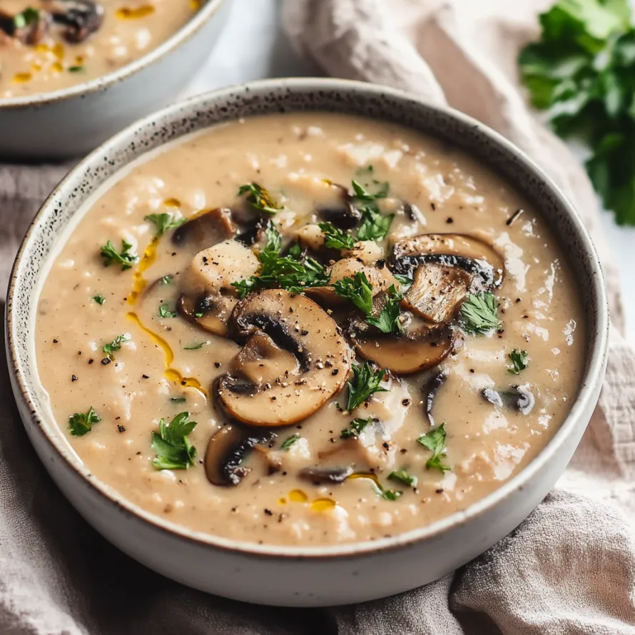 Bowl full of mushroom soup with fresh herbs on top.